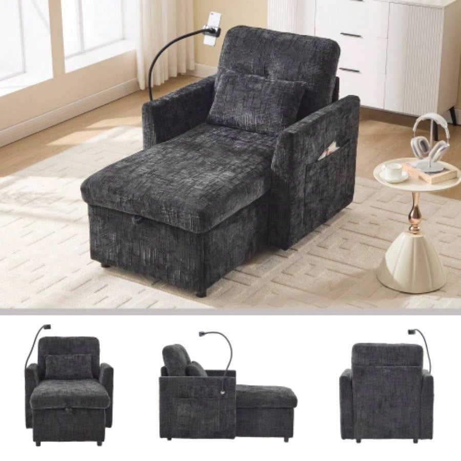 Multifunctional lazy person sofa recliner can be stored storage backrest with cell phone bracket chenille single leisure chair living room bedroom small household