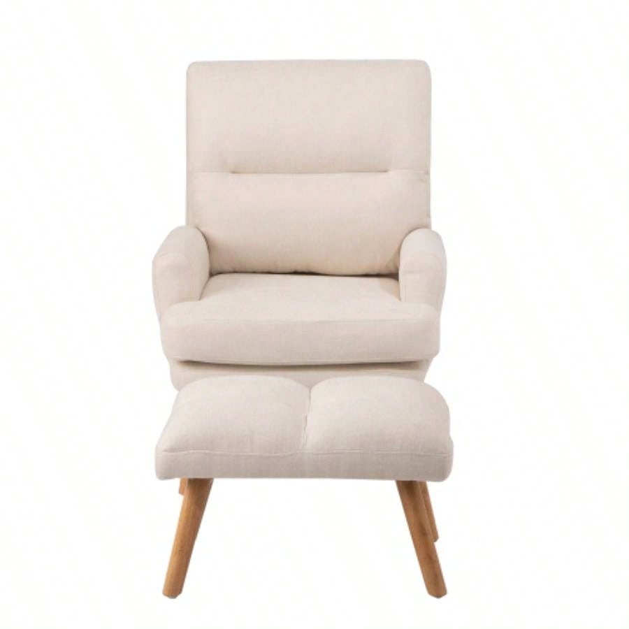 Accent Chair with Ottoman Set, Fabric Armchair with Wood and Adjustable Backrest, Mid Modern Comfy Lounge Chair Living Room, Bedroom, Reading Room and Study