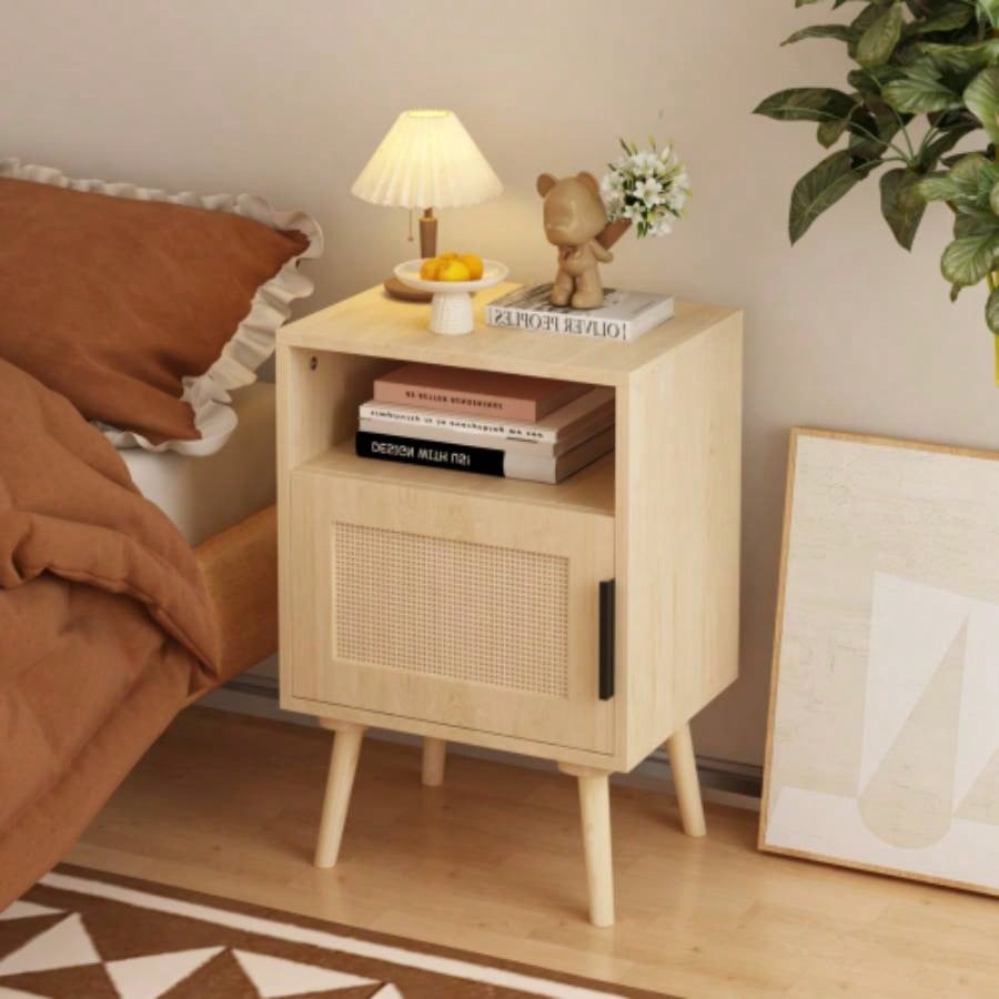 22.83 H Rattan Nightstand, Side Table with Door Open Shelf, Accent Bedside End Table with Solid Wood Bedroom, Dorm and Small Spaces, Oak