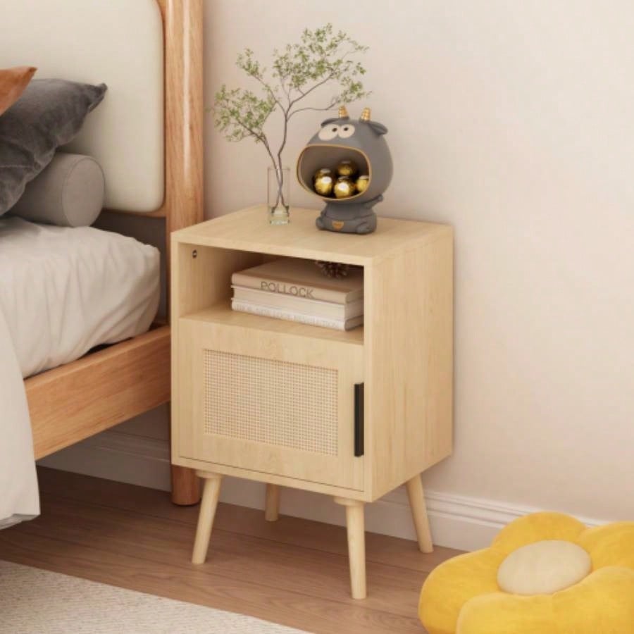 22.83 H Rattan Nightstand, Side Table with Door Open Shelf, Accent Bedside End Table with Solid Wood Bedroom, Dorm and Small Spaces, Oak