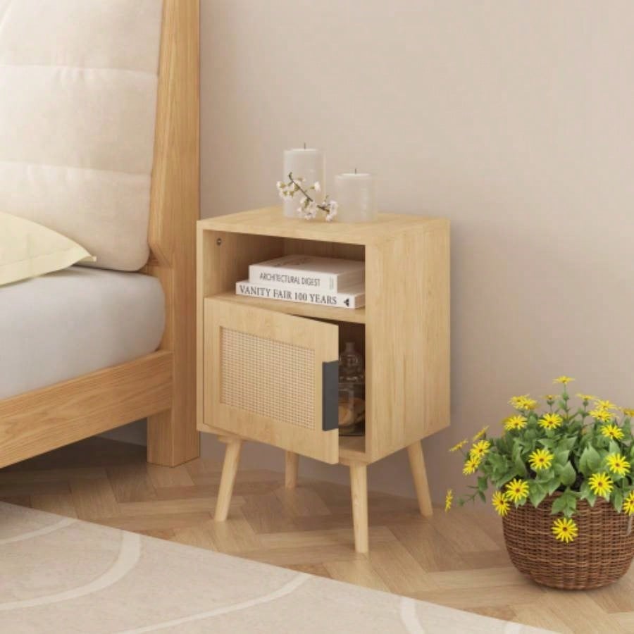 22.83 H Rattan Nightstand, Side Table with Door Open Shelf, Accent Bedside End Table with Solid Wood Bedroom, Dorm and Small Spaces, Oak