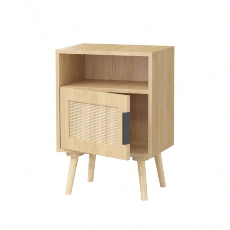 22.83 H Rattan Nightstand, Side Table with Door Open Shelf, Accent Bedside End Table with Solid Wood Bedroom, Dorm and Small Spaces, Oak