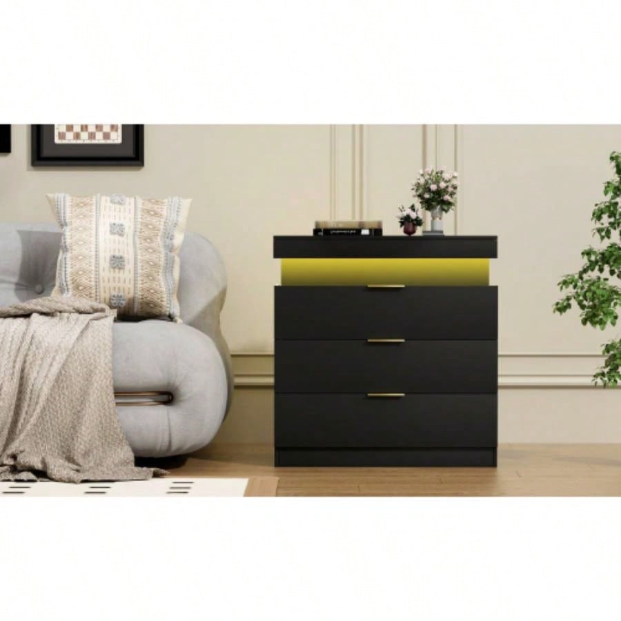 Nightstand with Charging Station and LED Lights, Night Stand with Sliding Top Bedroom, Bedside Table with Drawers, Modern End Side Table, Black. 28.8x 17Dx 30.5H.