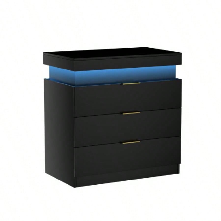 Nightstand with Charging Station and LED Lights, Night Stand with Sliding Top Bedroom, Bedside Table with Drawers, Modern End Side Table, Black. 28.8x 17Dx 30.5H.