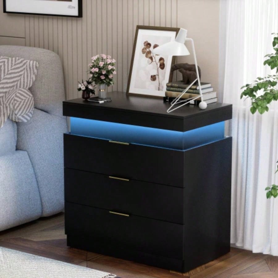 Nightstand with Charging Station and LED Lights, Night Stand with Sliding Top Bedroom, Bedside Table with Drawers, Modern End Side Table, Black. 28.8x 17Dx 30.5H.