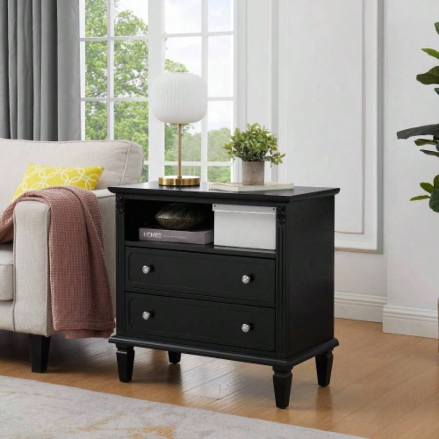 Open Space and 2 Drawers Dresser Nightstand with Charging Station, Farmhouse End Table with USB Ports and Outlets, Fluted Pilasters Design Side Table with Solid Wood Bedroom