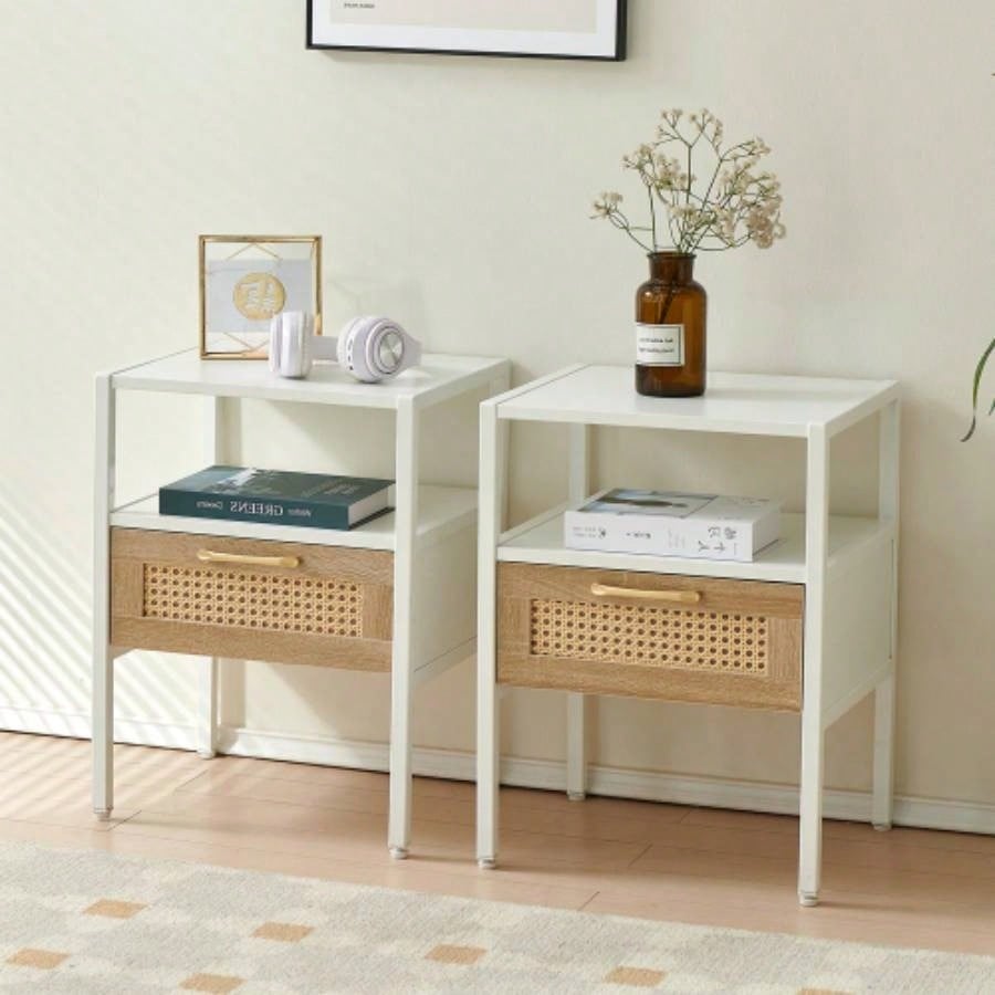 Set of 2, 15.75 Rattan End table with Power Outlet USB Ports, Modern nightstand with drawer and metal, side table living room, bedroom, white