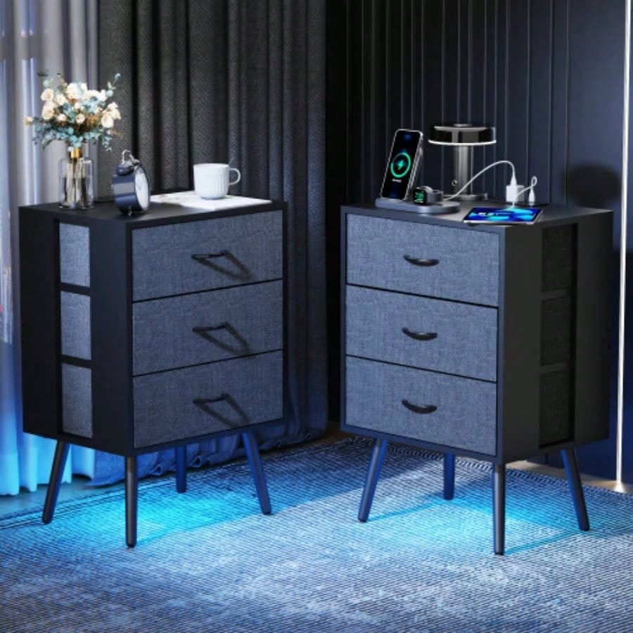 2 Pack Modern Nightstand with Charging Station, Bedside Tables with LED Light and Fabric Drawers