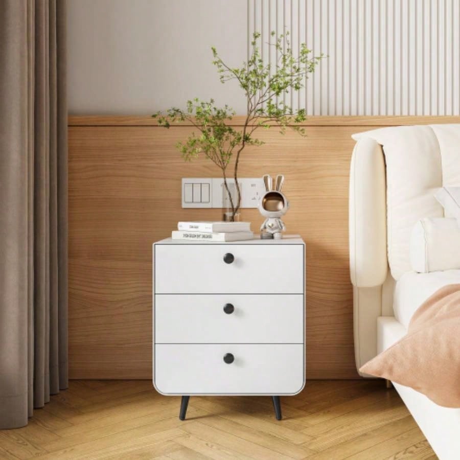 Modern Night Stand Storage Cabinet Living Room Bedroom, Steel Cabinet with 3 Drawers, Bedside Furniture, Circular Handle
