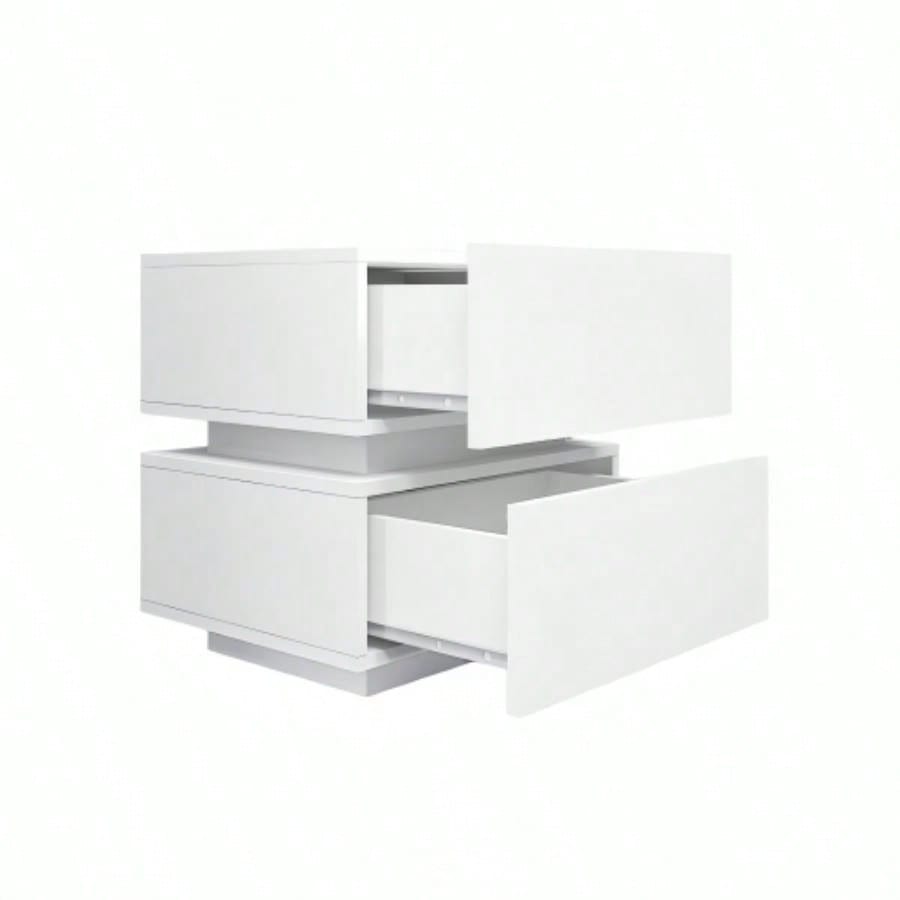 White Color High Glossy 2 Drawers Bedside Table with RGB Led Light Nightstand with Control