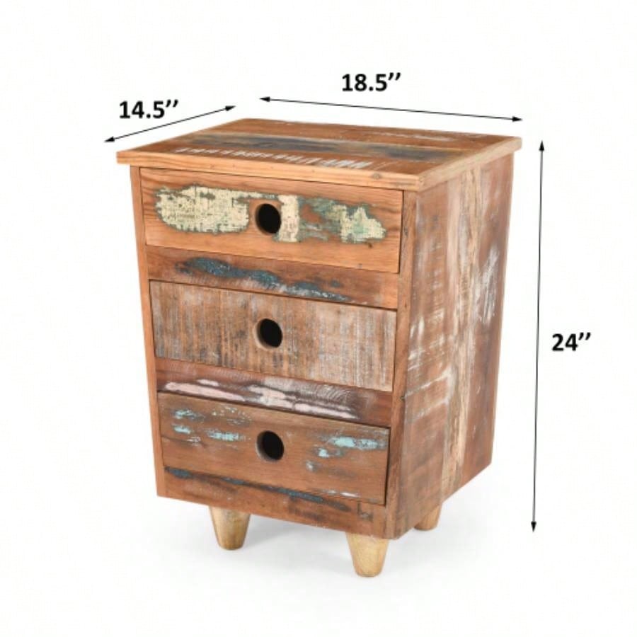 End Table Wood Nightstand, Side Table with 3 Drawers, Vintage Natural Bedside Table Bedroom Living Room