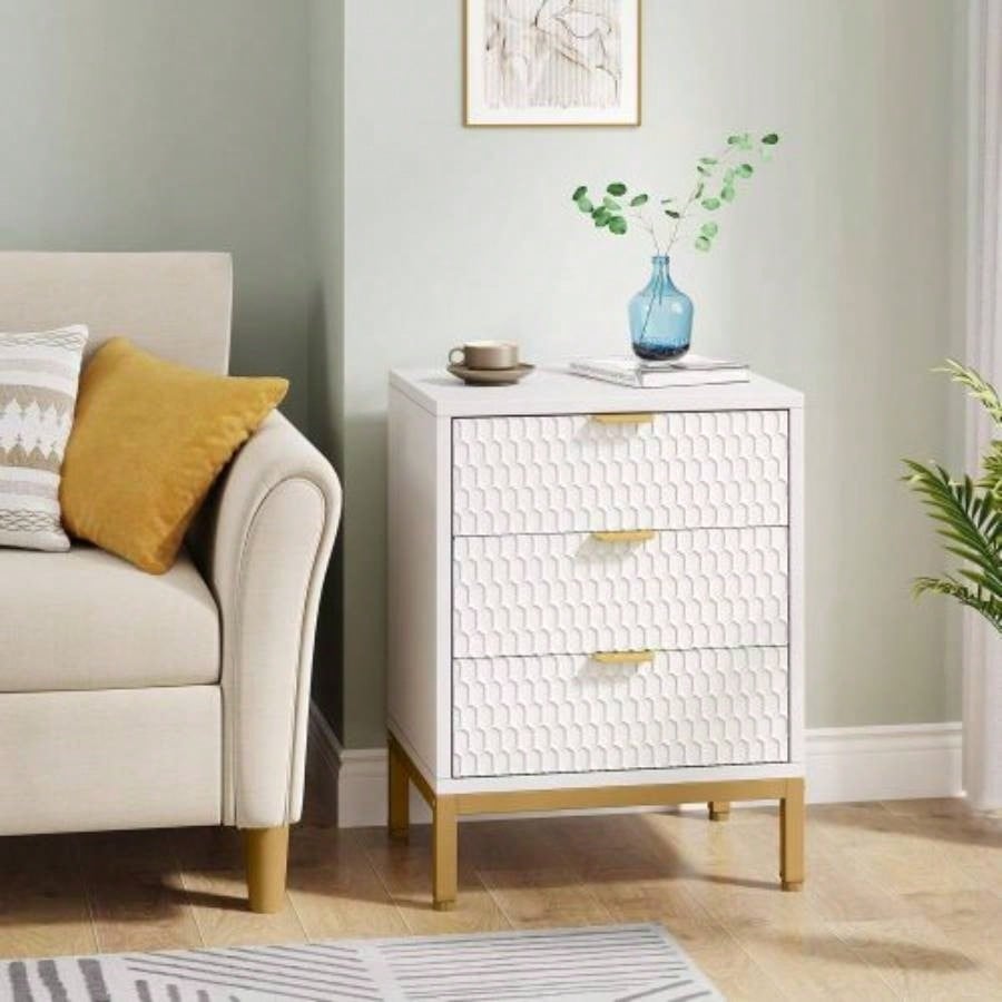 19. Inches Modern White and Gold 3 - Drawer Nightstand, 25.8 Tall Bedside Table with Storage, Hexagon Pattern Side Table Bedroom or Living Room, Elegant End Table with Metal Base