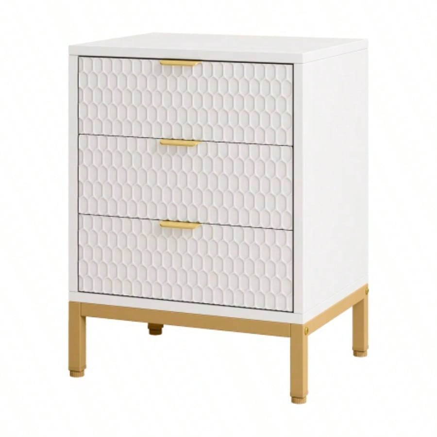 19. Inches Modern White and Gold 3 - Drawer Nightstand, 25.8 Tall Bedside Table with Storage, Hexagon Pattern Side Table Bedroom or Living Room, Elegant End Table with Metal Base
