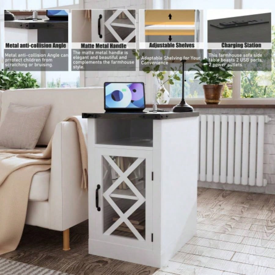 Farmhouse End Table with Charging Station, 15.4 Rustic Nightstand with Barn Door Adjustable Shelf, Wooden Sofa Side Table with 3 - Tier Storage Living Room, Bedroom, White