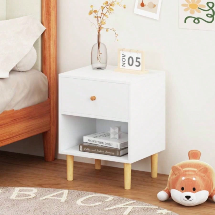 23.22H Wooden Nightstand with One Drawer One Shelf Kids, Adults, White