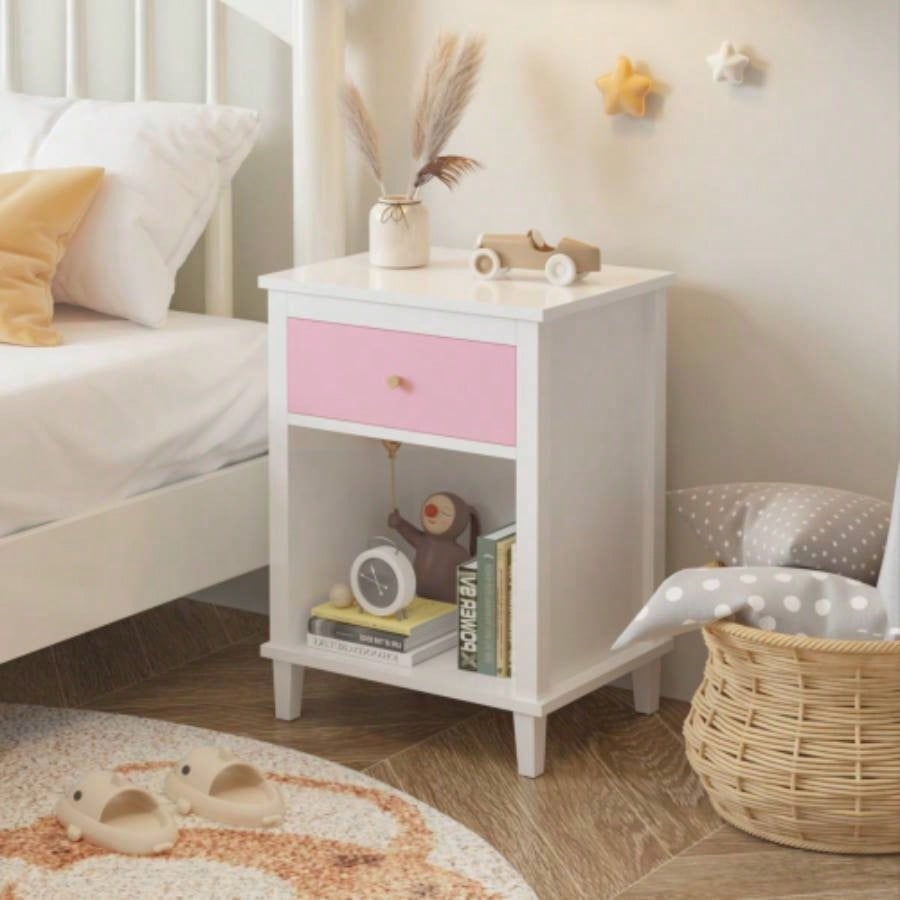26.77H Wooden Nightstand with One Drawer One Shelf Kids, Adults, White+Golden handle