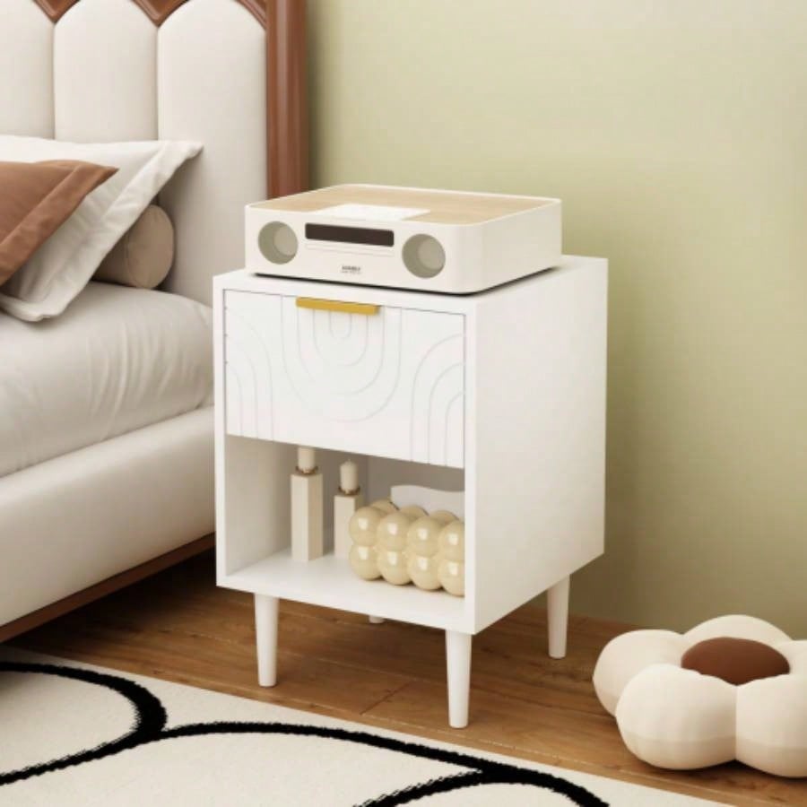 22.83 H Modern White Nightstand with One Drawer and Open Shelf, Gold - Accented Handle, Bedroom Decor