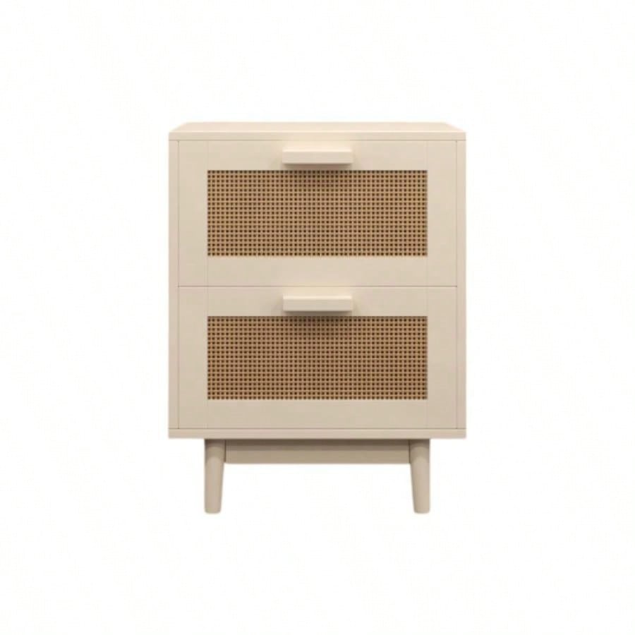 Rattan Nightstand, Wood End Table, Side Table with 2 Faux Rattan - Decorated Drawers, Bedside Table, Wood Accent Table with Storage Livingroom, Bedroom, Burly wood