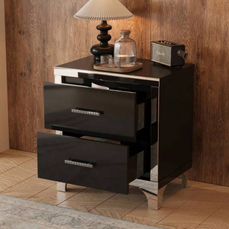 Elegant High Gloss Nightstand with Metal Handle, Mirrored Bedside Table with 2 Drawers Bedroom, Living Room, Black