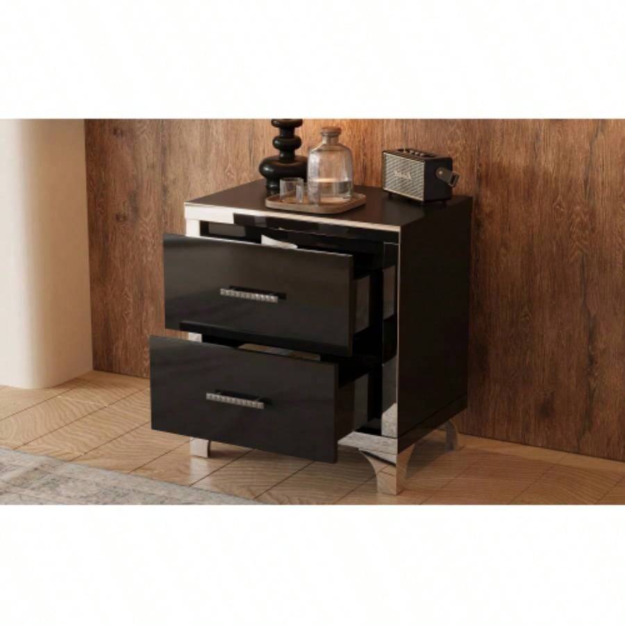 Elegant High Gloss Nightstand with Metal Handle, Mirrored Bedside Table with 2 Drawers Bedroom, Living Room, Black