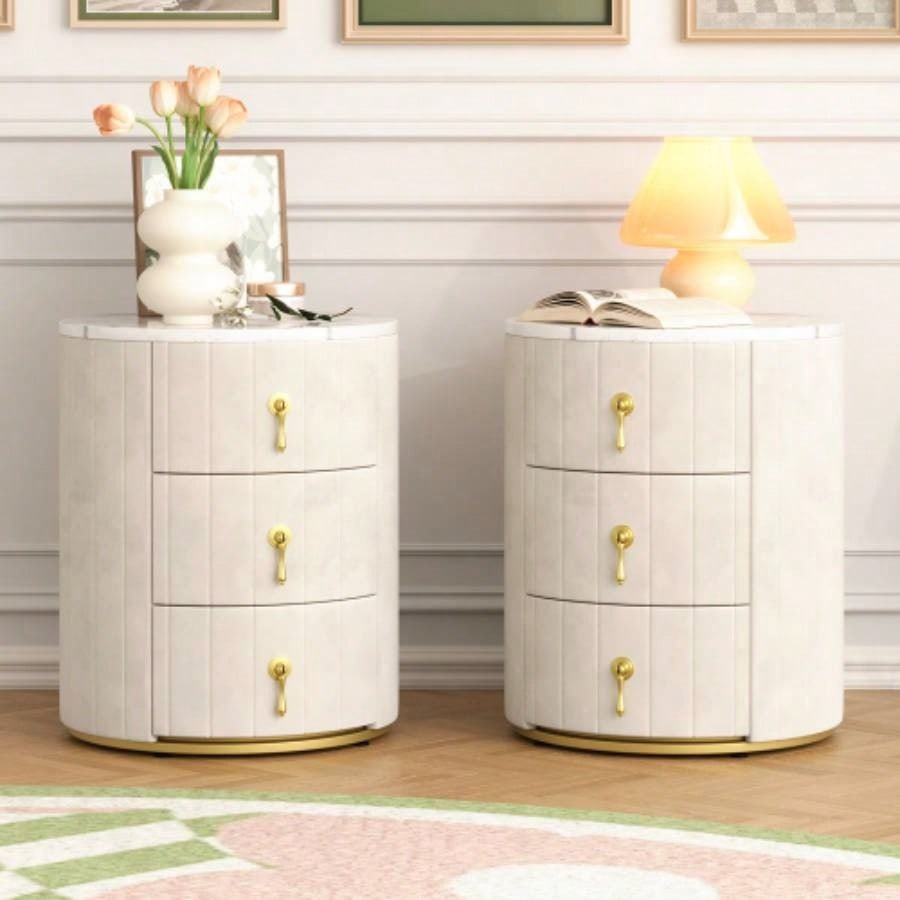 Upholstered Nightstand with 3 Drawers, Round Bedside Table with Metal Handles, Marbling Stickers Top Night Table Bedroom, Fully Assembled Except Handles, Beige