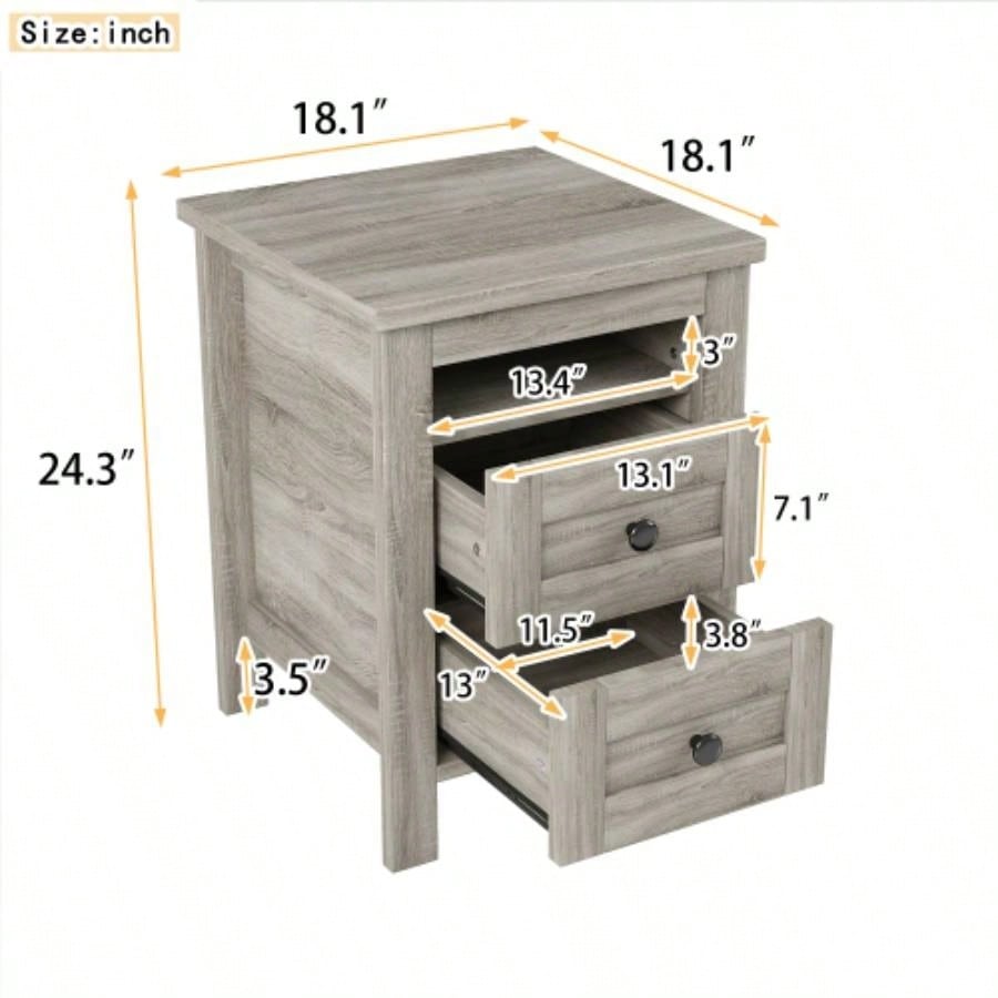 2 - Drawer Farmhouse Wooden Nightstand with Well - proportioned Design and Sleek Lines, Wood Side Table with Storage Cabinet Bedroom, Antique Gray