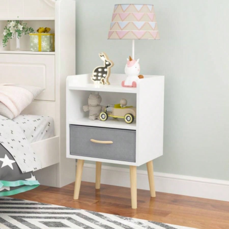 Nightstand With Collapsible Fabric Drawer, 2 - Tier Storage End Table, Wood Side Table with Storage Cabinet or Kids, Adults - Oak