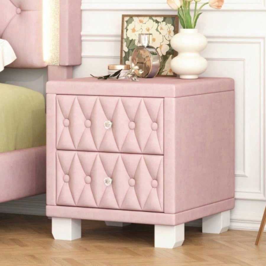 Elegant Velvet Nightstand with 2 Drawers and Handle, Storage Bedside Table with Button - Tufted,
