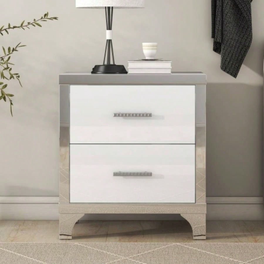Elegant High Gloss Nightstand with Metal Handle, Mirrored Bedside Table with 2 Drawers Bedroom, Living Room, White