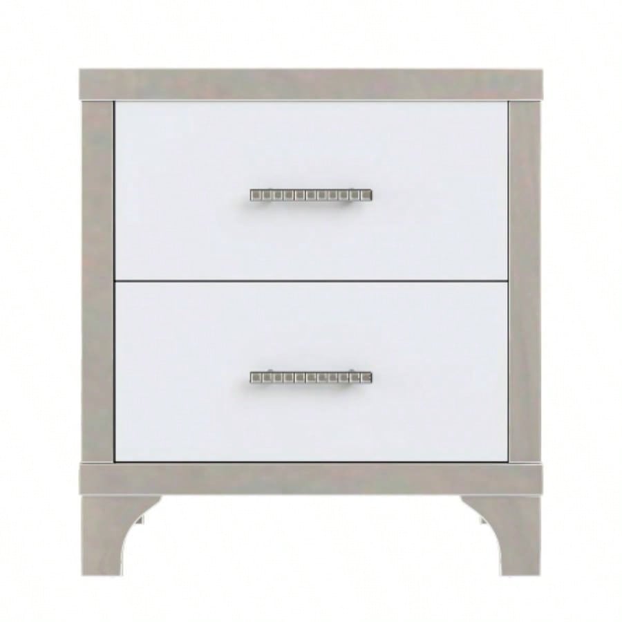 Elegant High Gloss Nightstand with Metal Handle, Mirrored Bedside Table with 2 Drawers Bedroom, Living Room, White