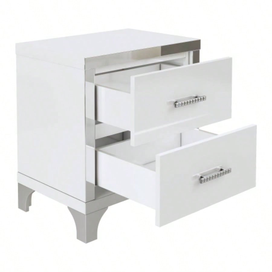 Elegant High Gloss Nightstand with Metal Handle, Mirrored Bedside Table with 2 Drawers Bedroom, Living Room, White