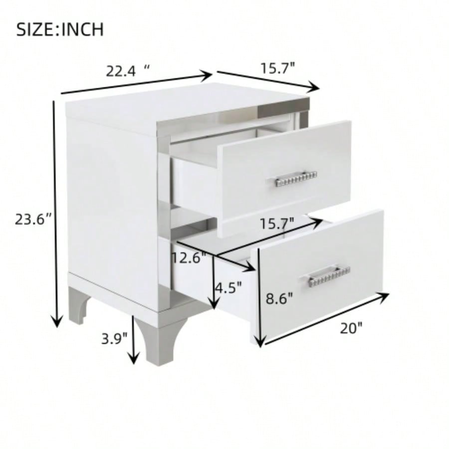 Elegant High Gloss Nightstand with Metal Handle, Mirrored Bedside Table with 2 Drawers Bedroom, Living Room, White