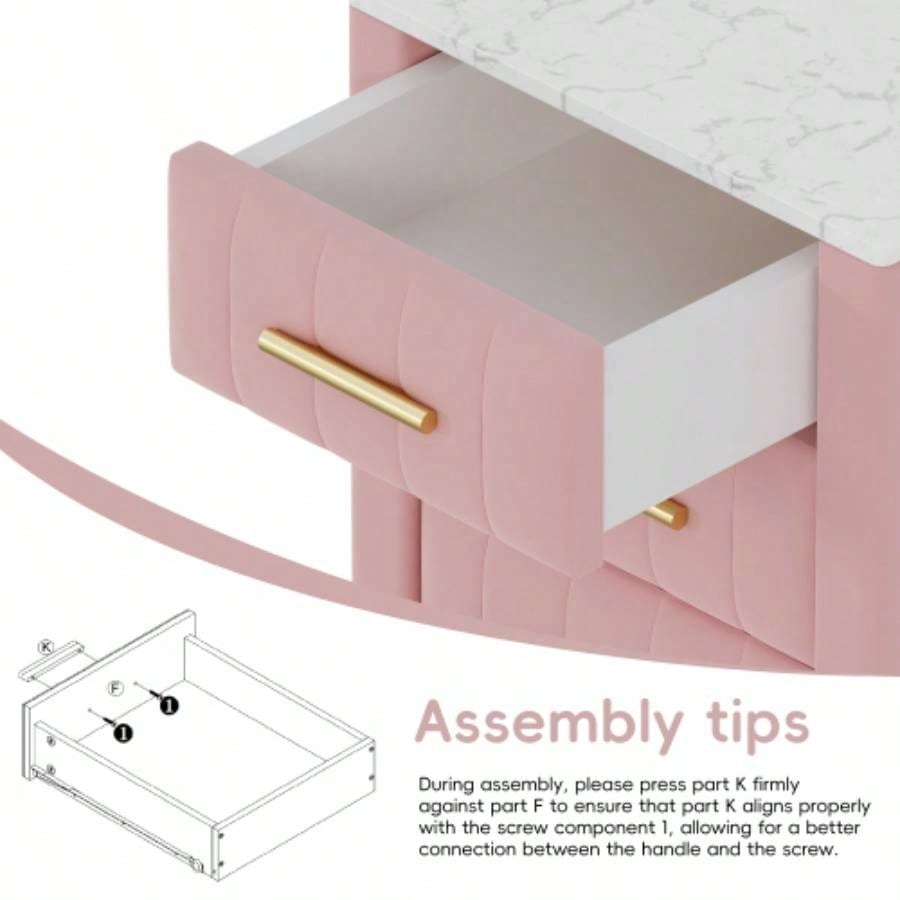 Upholstered Wooden Nightstand with 3 Drawers and Metal Handles, Bedside Table with Marbling Stickers Worktop - Pink