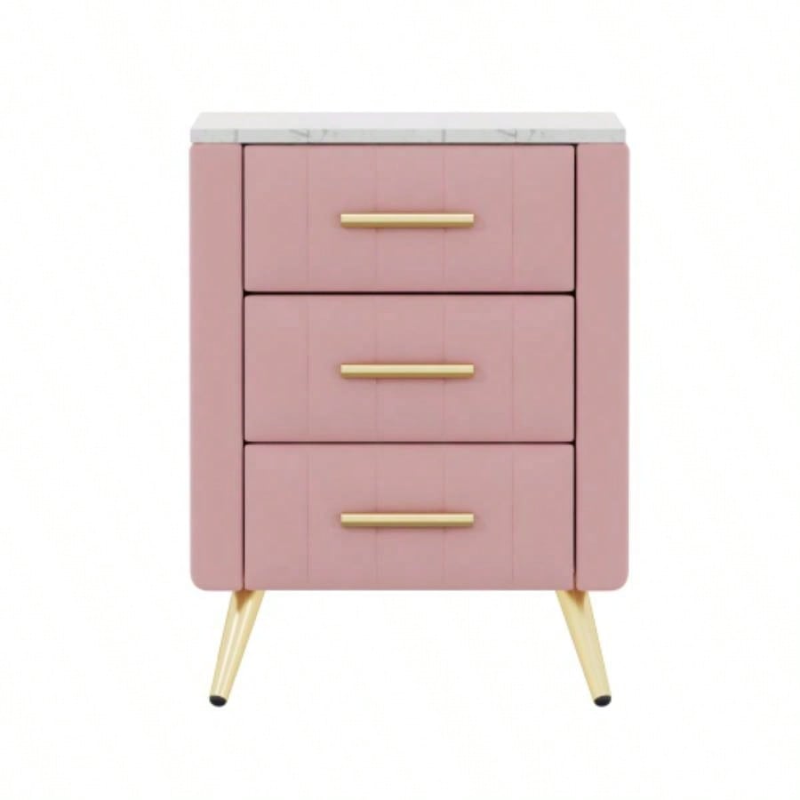 Upholstered Wooden Nightstand with 3 Drawers and Metal Handles, Bedside Table with Marbling Stickers Worktop - Pink