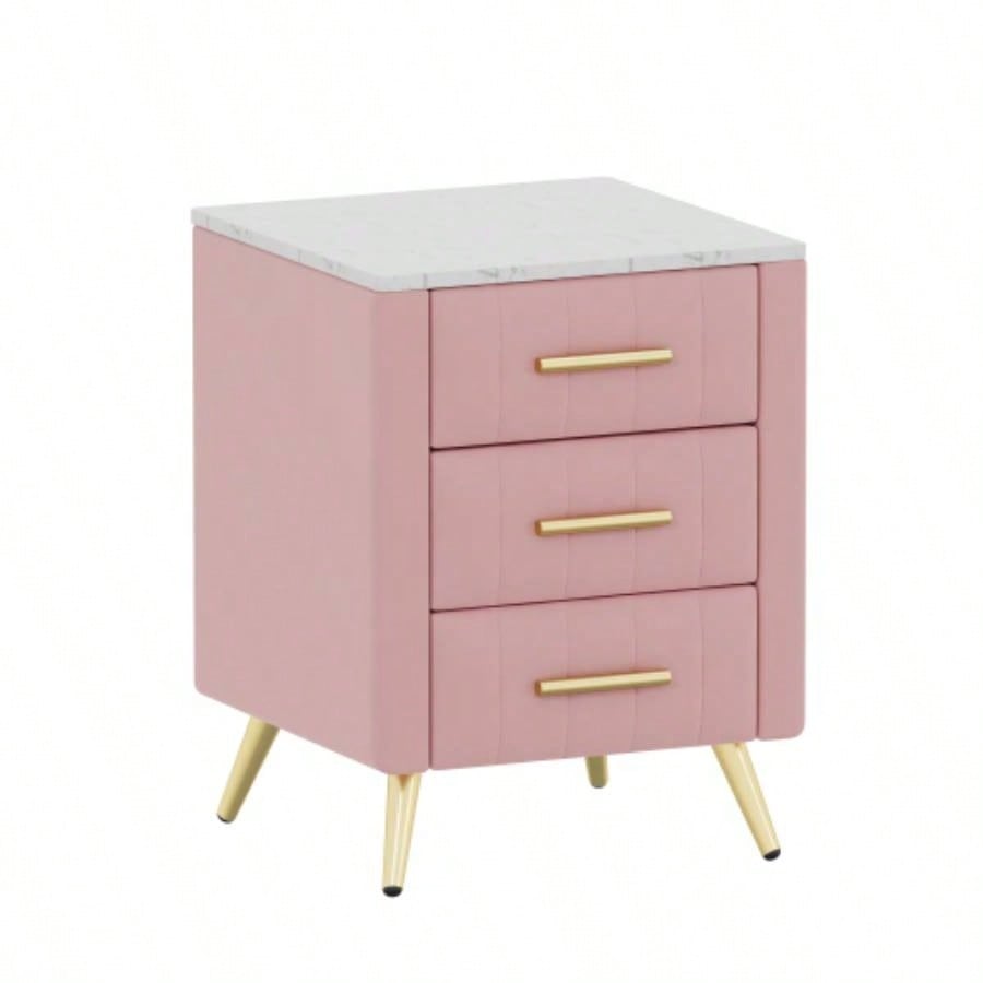 Upholstered Wooden Nightstand with 3 Drawers and Metal Handles, Bedside Table with Marbling Stickers Worktop - Pink