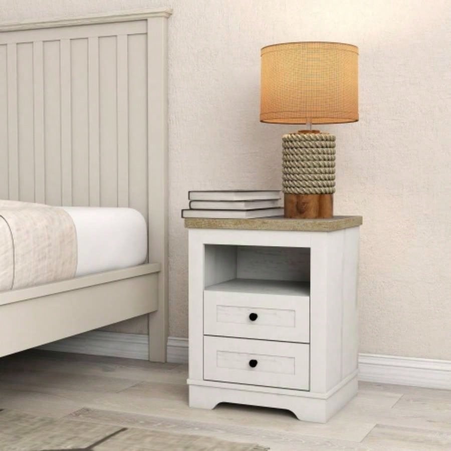 Farmhouse Nightstand, End Table, Side Table with 2 Drawers Storage Cabinet Bedroom, Living Room, Farmhouse Design, Wood Rustic, Antique White