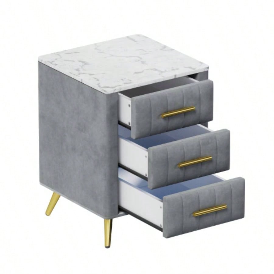 Upholstered Wooden Nightstand with 3 Drawers and Metal Handles, Bedside Table with Marbling Stickers Worktop -