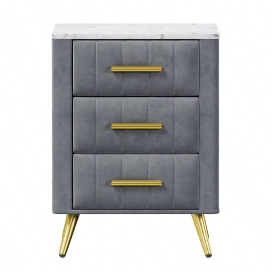 Upholstered Wooden Nightstand with 3 Drawers and Metal Handles, Bedside Table with Marbling Stickers Worktop -