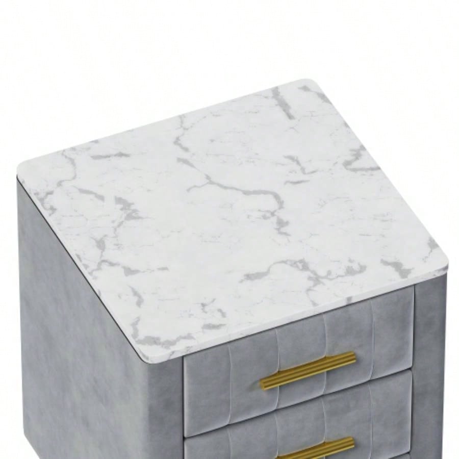 Upholstered Wooden Nightstand with 3 Drawers and Metal Handles, Bedside Table with Marbling Stickers Worktop -