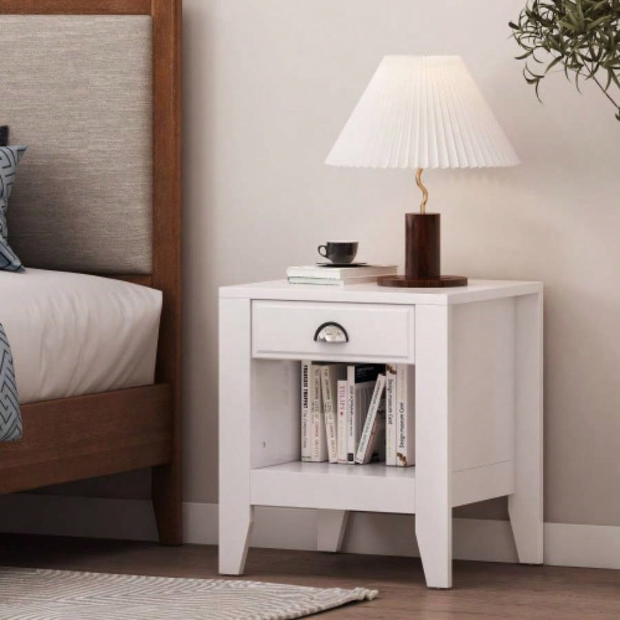 Modern Nightstand with Drawer, Bedside Tables, Mid Nightstands with Open Storage Shelf, Wood Bedside Table, Small Night Stands Bedrooms, 2 - Tier Night Table