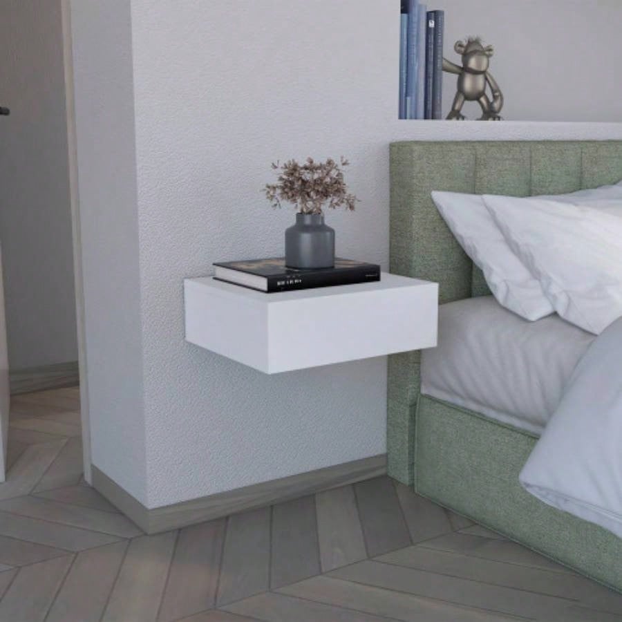 Floating Nightstand 5H, Modern Wall - Mounted Bedside Shelf with Drawer, White