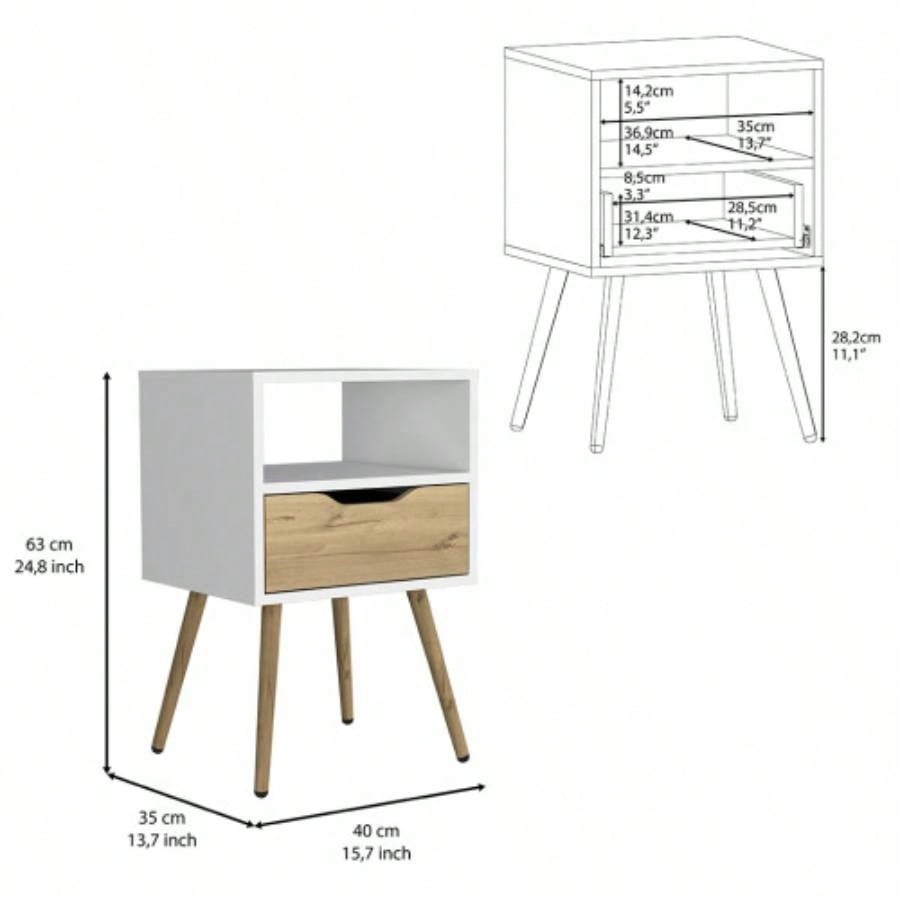 Nightstand 25H, Superior Top, Four, One Open Shelf, One Drawer, White/ Light Oak