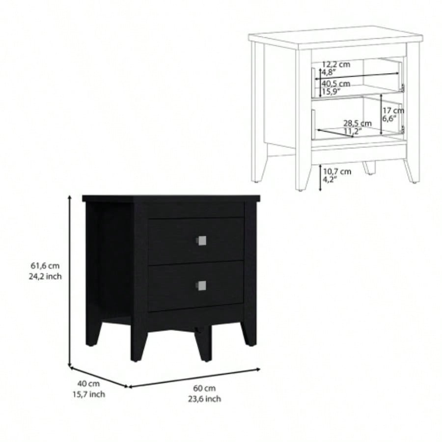 Nightstand 24H, Two Drawers, Four, Superior Top, Black