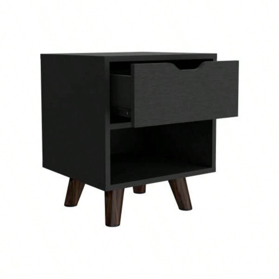 Modern Nightstand 19H with Spacious Drawer, Open Storage Shelf and Chic Wooden, Black