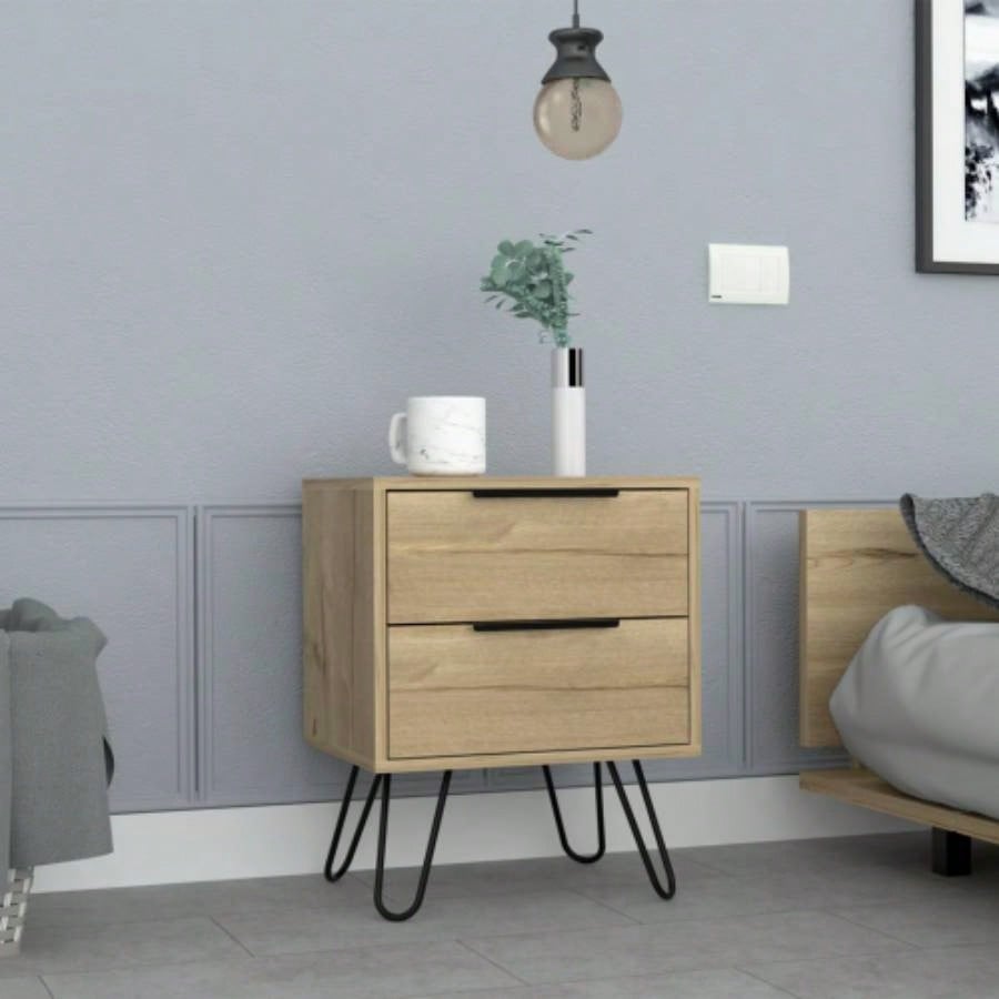 Nightstand 22 H, Four hairpin, Two Drawers, Light Oak
