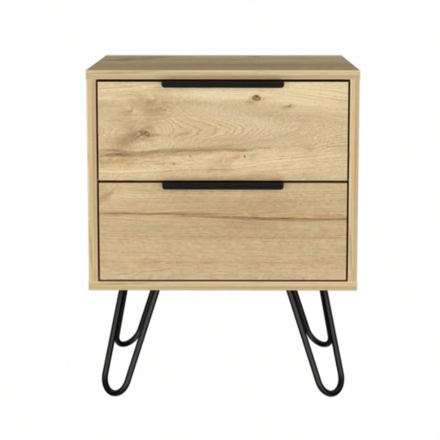 Nightstand 22 H, Four hairpin, Two Drawers, Light Oak