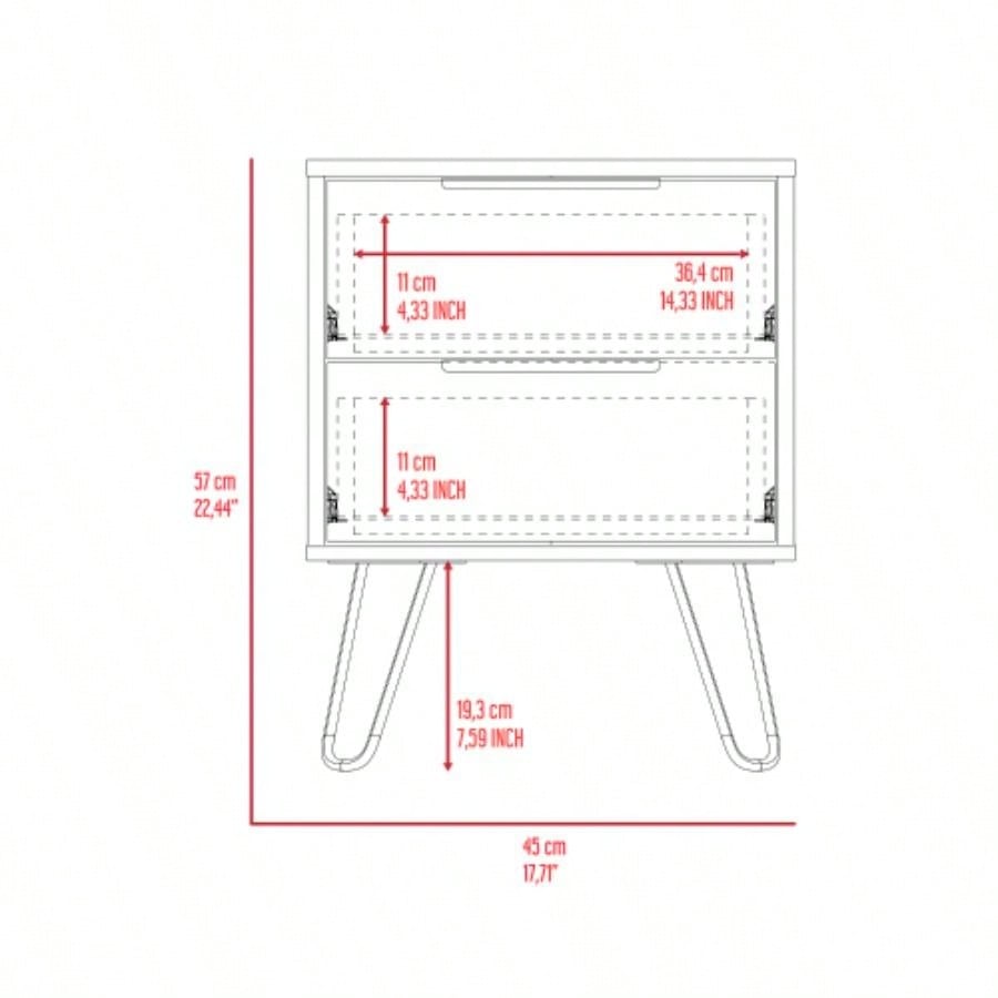 Nightstand 22 H, Four hairpin, Two Drawers, Light Oak