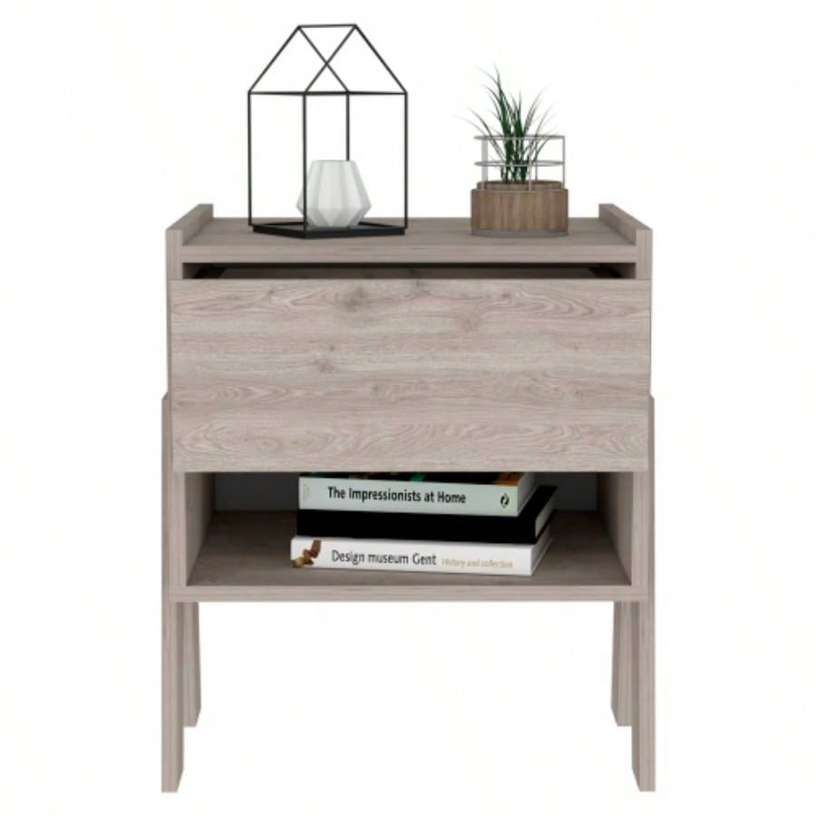 Nightstand 22H, One Drawer, One Open Shelf, Light Gray