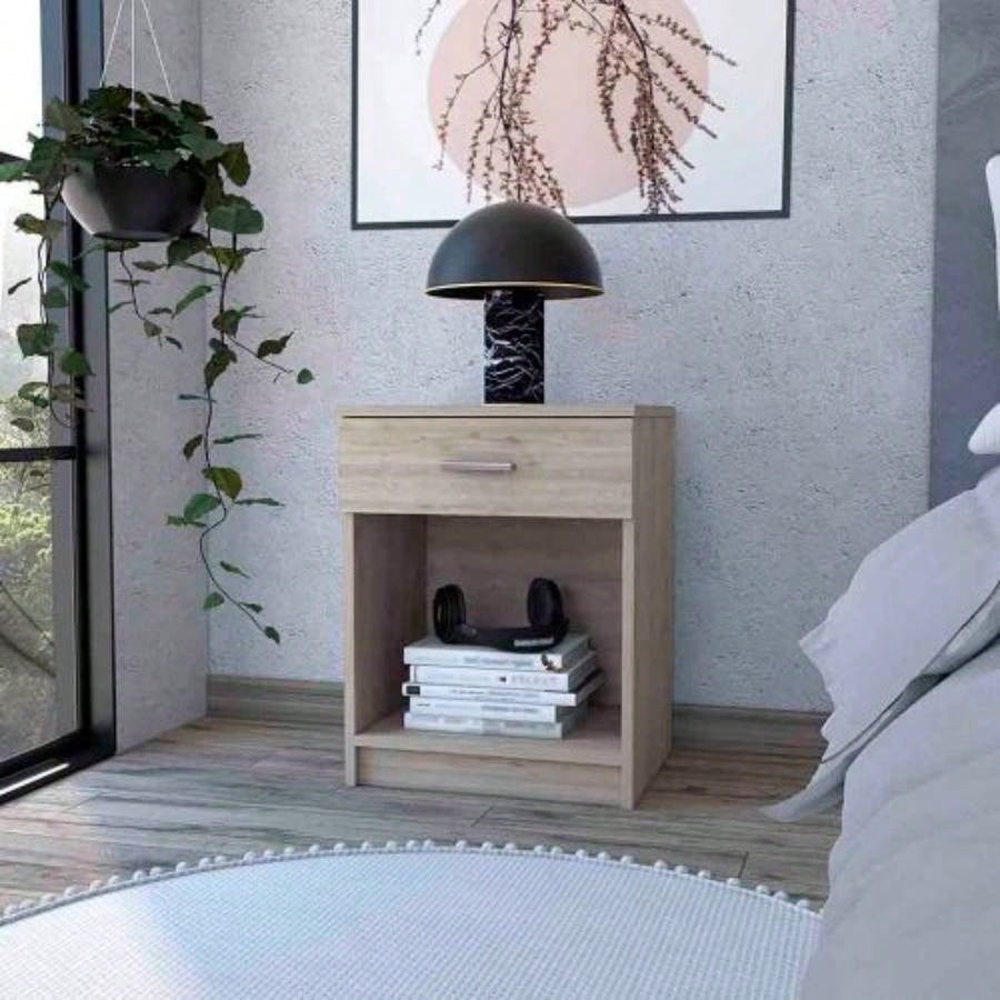 Nightstand, Single Drawer, Lower Shelf, Light Gray