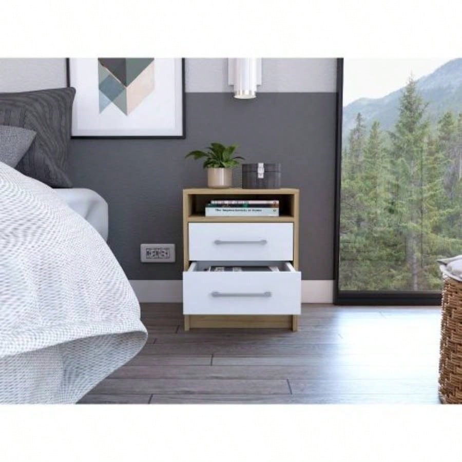 White and Light Oak 2 - Drawer 1 - Shelf Rectangle Nightstand